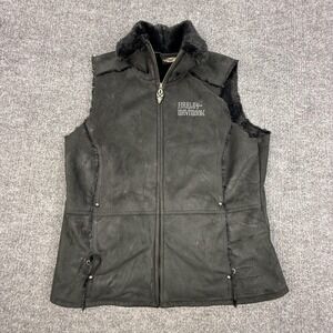 Harley-Davidson Vest Womens Large Black Faux Suede Faux Fur Lined Biker Moto
